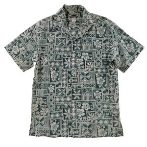 Vintage Hawaiian Islands Shirt Mens Medium Green Aloha Tapa Floral Button Up USA